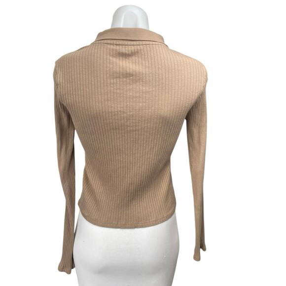 Zara Women Tan Long Sleeve Ribbed Knit Polo Pullover Henley Sweater Top Size M - Picture 2 of 4